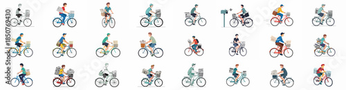 A comprehensive vector collection of paper boys and delivery men riding bicycles, transporting newspapers in various styles and colors.