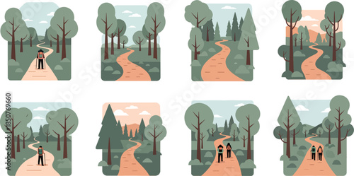 Series of Nature Pathway Scenes in Forest with People Walking in Various Seasons