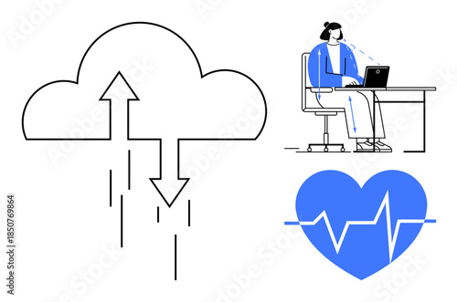 Cloud technology. Cloud computing with arrows data exchange. Woman working remotely on a laptop at a desk. Cloud technology shows connectivity and health monitoring integration. Ideal for remote