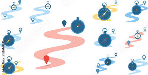 Colorful Compass and Path Illustration with Multiple Pointers and Markers