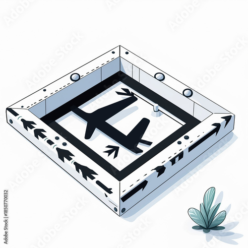 Aerial View of an Airplane in a Diagrammatic Box with Arrows and Plants