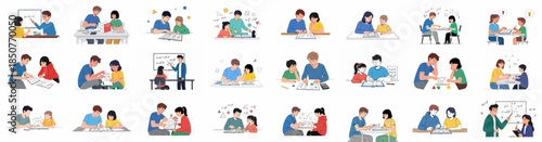 Collection of illustrations showing students receiving private mathematics tutoring, homework assistance, and educational support from teachers or parents.