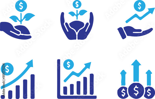 business finance bule icons set vector growth money investment budgeting tools silhouette collection