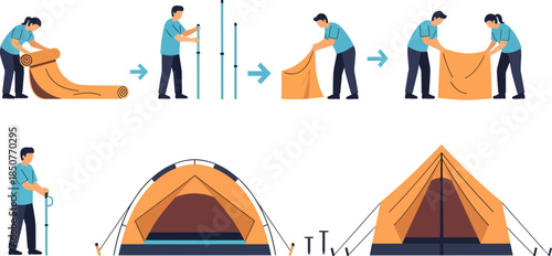 Step by Step Tent Assembly Instructions Illustration for Camping