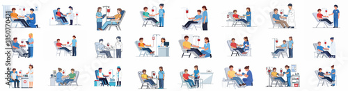 Diverse blood donation and transfusion scenes featuring male donors/patients and healthcare professionals in a hospital setting.