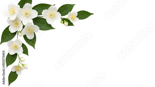 Pure white floral corner frame with jasmine flowers and glossy green leaves, high realism, clean botanical composition, soft shadows only, transparent background