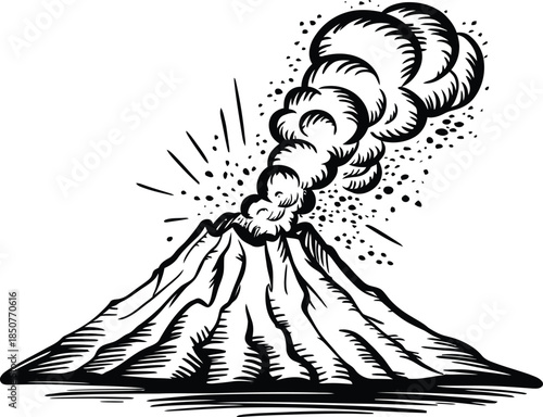 Hand drawn sketch of erupting volcano mountain in retro engraving style vector illustration