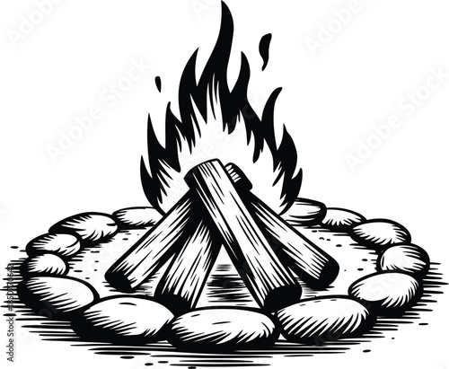 Hand Drawn Vintage Campfire with Stone Ring Vector Illustration
