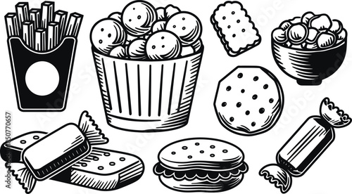 Hand Drawn Fast Food and Snacks Collection in Engraving Style, vector illustration
