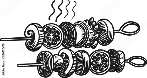 Hand Drawn Barbecue Kebab Skewers with Vegetables and Steam Vector Illustration