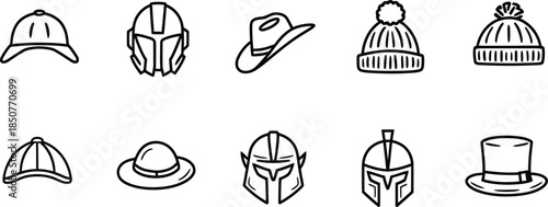Set of Linear Hat and Helmet Icons Featuring Caps, Beanies, Warrior Armor, and Fashion Headwear, vector illustration