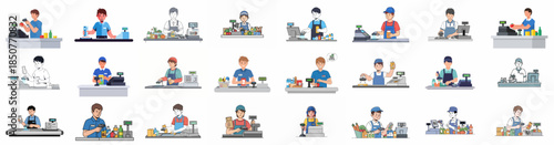 Collection of flat design illustrations depicting diverse supermarket and grocery store cashiers scanning products and operating point-of-sale systems.