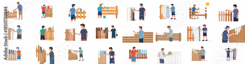 Diverse vector illustrations of young men painting and staining wooden fences, representing home improvement, DIY, property maintenance, and outdoor repair projects.
