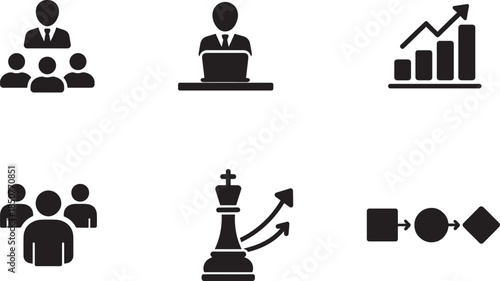 Silhouette management icon set vector EPS. Business strategy, planning and leadership symbols.