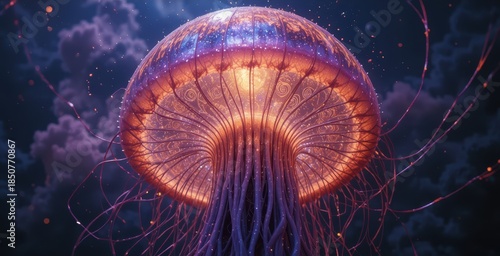 Extreme close up of a glowing jellyfish bell with intricate internal patterns