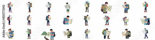 Collection of Travelers and Hikers Reading Maps. People with Backpacks Navigating Routes for Trekking, Camping, and Outdoor Adventure.