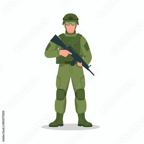 A soldier in a tactical uniform stands confidently holding a rifle. The camouflaged design symbolizes strength, discipline, and commitment to serve and protect.