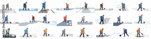 Set of vector illustrations showing people shoveling snow, performing winter clearance, maintenance, and manual labor after a heavy snowfall.