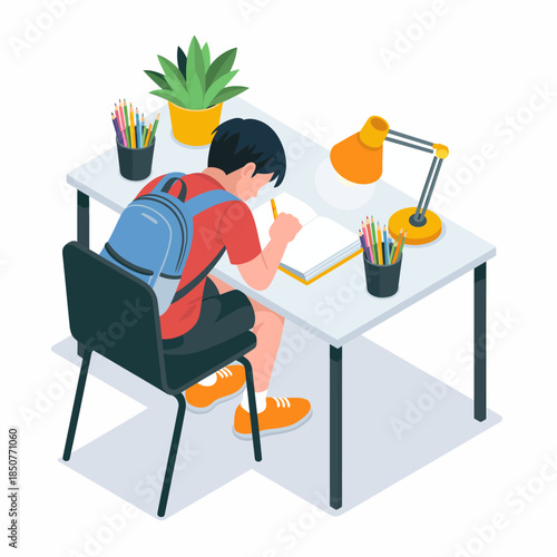 A dedicated young boy is sitting at his study desk, engrossed in his book while surrounded by colorful supplies, illustrating the importance of education and concentration in learning.