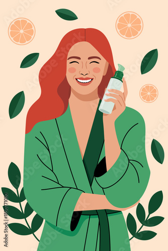 A joyful woman smiling while holding skincare product in her hand, surrounded by citrus fruits and leaves, embodying self-care and natural beauty in a charming illustration.