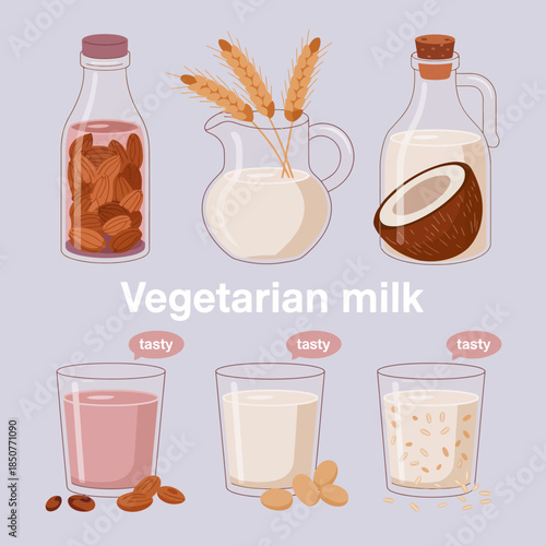 An array of different vegetarian milk options showcased in bottles and glasses, promoting healthy dietary choices and the growing trend of plant-based beverages.