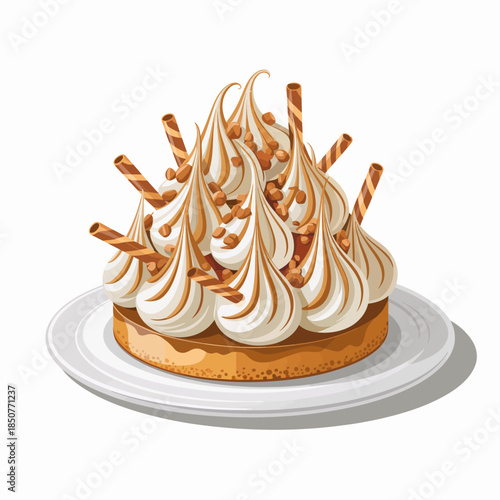 An exquisite dessert cake features decorative swirls and toppings, illustrating the art of baking and presentation in culinary delights for every special occasion.