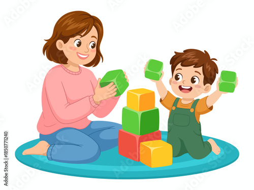 A joyful scene of a mother and her child playing with colorful building blocks, fostering creativity, bonding, and developmental skills during playtime at home.