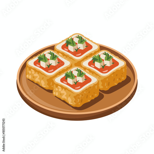 A beautifully arranged sushi platter featuring crispy tofu topped with vibrant garnishes, capturing the essence of culinary art and the joy of sharing delightful meals.