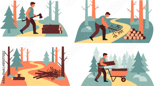 Young Man Logging Forest with Ax Wheelbarrow and Stacked Firewood in Nature