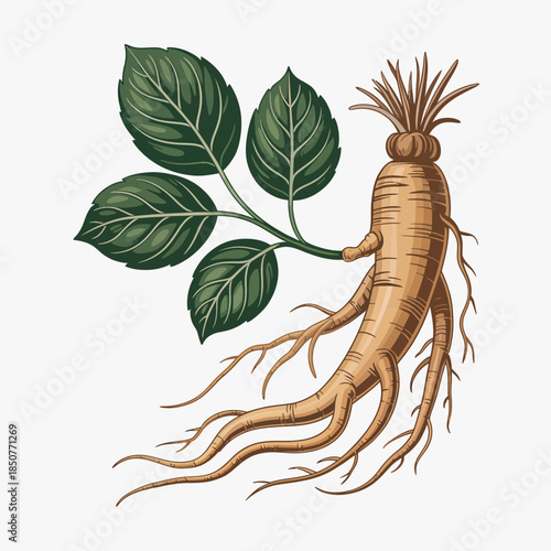 An aesthetically pleasing illustration of a ginseng root paired with elegant green leaves, symbolizing health, wellness, and the beauty of natural herbal remedies.