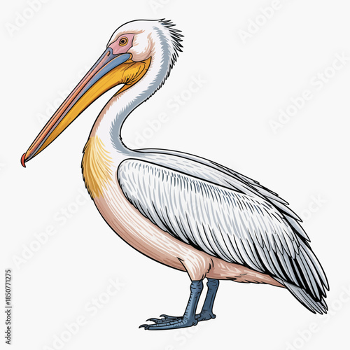 A detailed illustration of a white pelican standing gracefully showcases the beauty of nature and wildlife, emphasizing the elegance and charm of avian species in their habitat.