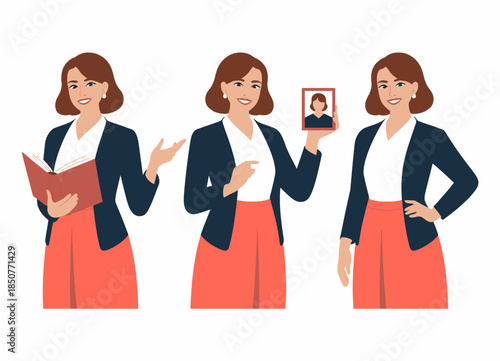 A professional woman engages her audience by presenting a book and a photo, showcasing her skills in communication, confidence, and the art of storytelling.