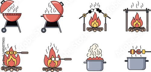 Collection of Barbecue and Grilling Equipment in Flat Style