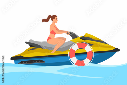 A dynamic illustration of a woman enjoying a summer ride on a jet ski over blue waves, capturing the essence of adventure, excitement, and the thrill of water sports.