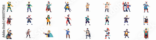 Diverse theatrical characters in historical costumes set, performing kings, knights, and medieval figures for drama or carnival.