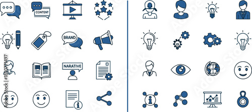 Communication and branding icons including content, customer service, ideas, narrative, innovation, analytics, and global connectivity in vector illustration set