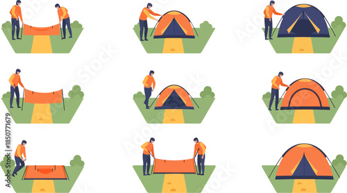 People Setting Up Tents in Campsite in Bright Outdoor Environment