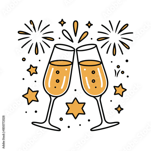 Celebratory champagne glasses clinking with fireworks and stars, symbolizing joy and achievement.