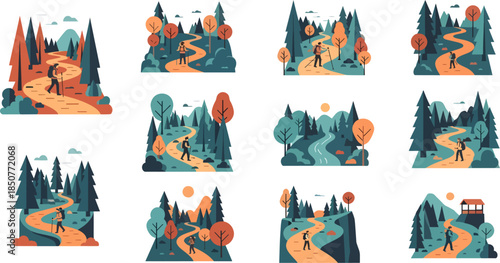 Set of Illustrations of Forest Trails in Autumn and Spring with Hiker and Scenic Nature