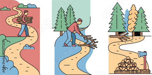 Stylized Forest Pathway Art with People Logging and Trail