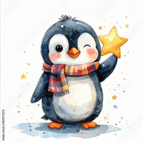 Cute Penguin Holding Star in Winter