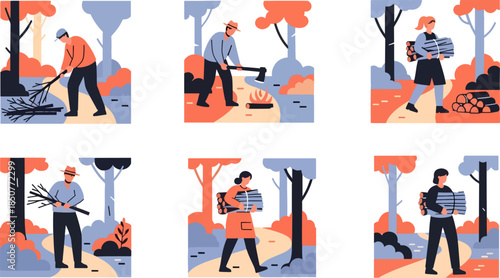 Stylized People Engaging in Outdoor Forest Activities Illustration