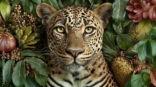 Leopard Portrait in Lush Jungle Foliage - A Captivating Wildlife Scene.