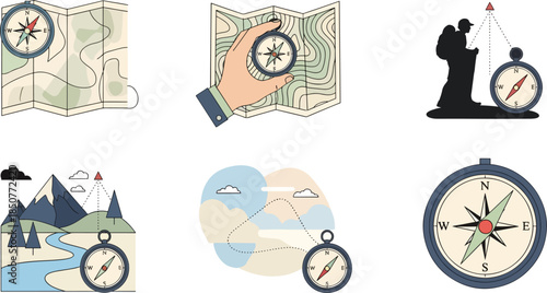 Collection of Navigational Maps and Compasses for Adventure and Travel