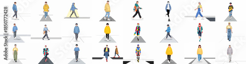 Vector illustration grid of diverse young people walking in various casual street style outfits, symbolizing youth fashion and urban movement.