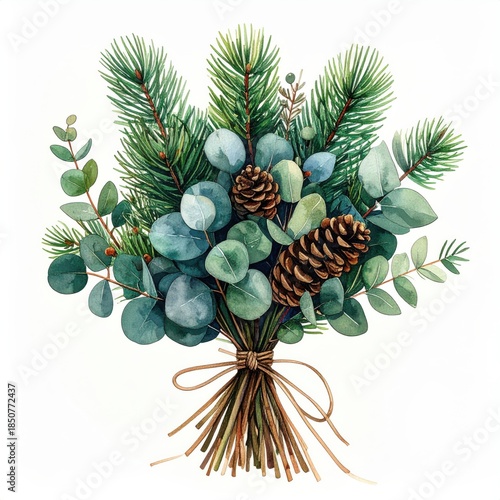 Pine and Eucalyptus Watercolor Bouquet Art