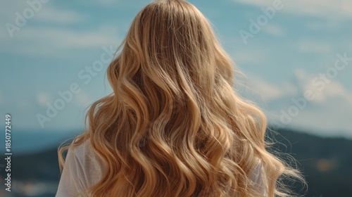 Back view of a woman with long wavy blonde hair cascading down her back, showcasing natural texture, shine, and volume, perfect for beauty, hair care, and lifestyle inspiration