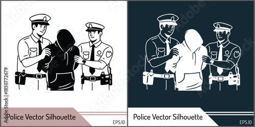 Police Officers Arresting Crime Suspect Vector Silhouette Illustration