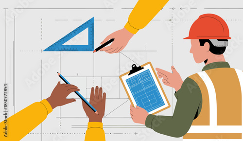 Team members of a construction crew are collaboratively examining blueprints, highlighting teamwork and diligence in creating and building infrastructure.