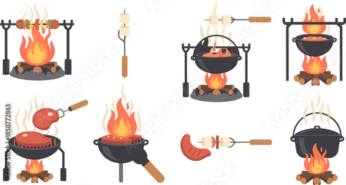 Collection of Cooking Pot Firewood Grills with Skewers and Meat